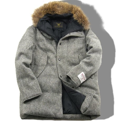 フード付きダウンベストメンズHarris Tweed