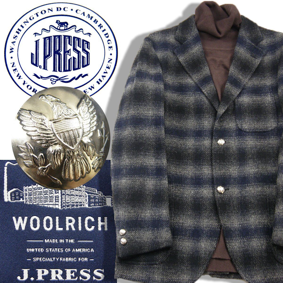 J.PRESS × WOOLRICH / Jプレス ウールリッチ　銀ボタン ジャケット ツイード オンブレーチェック メタルボタン ブランケットクロス  ジェイプレス