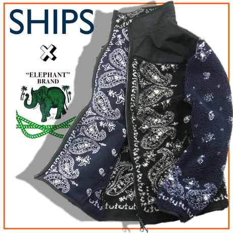 別注 | ELEPHANT BRAND × SHIPS　エレファントブランド シップス　ボア フリース ブルゾン バンダナ柄 アウター ボアフリース 限定 コラボ ネイビー ブラック ツートンカラー