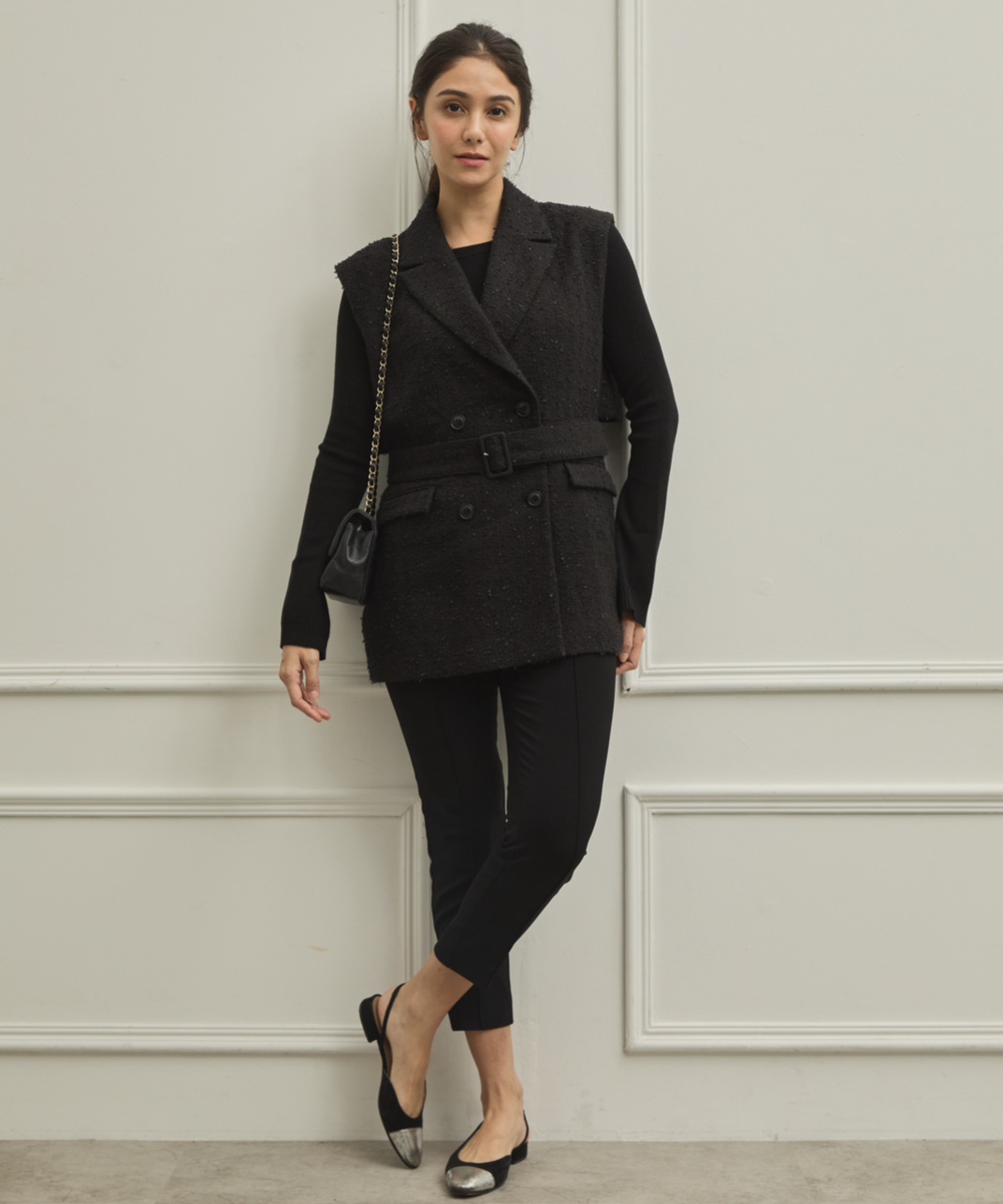 【Yua...さん専用】elu. Back yoke double gilet Back yoke double gilet MARIE (tweed)-Black | elu