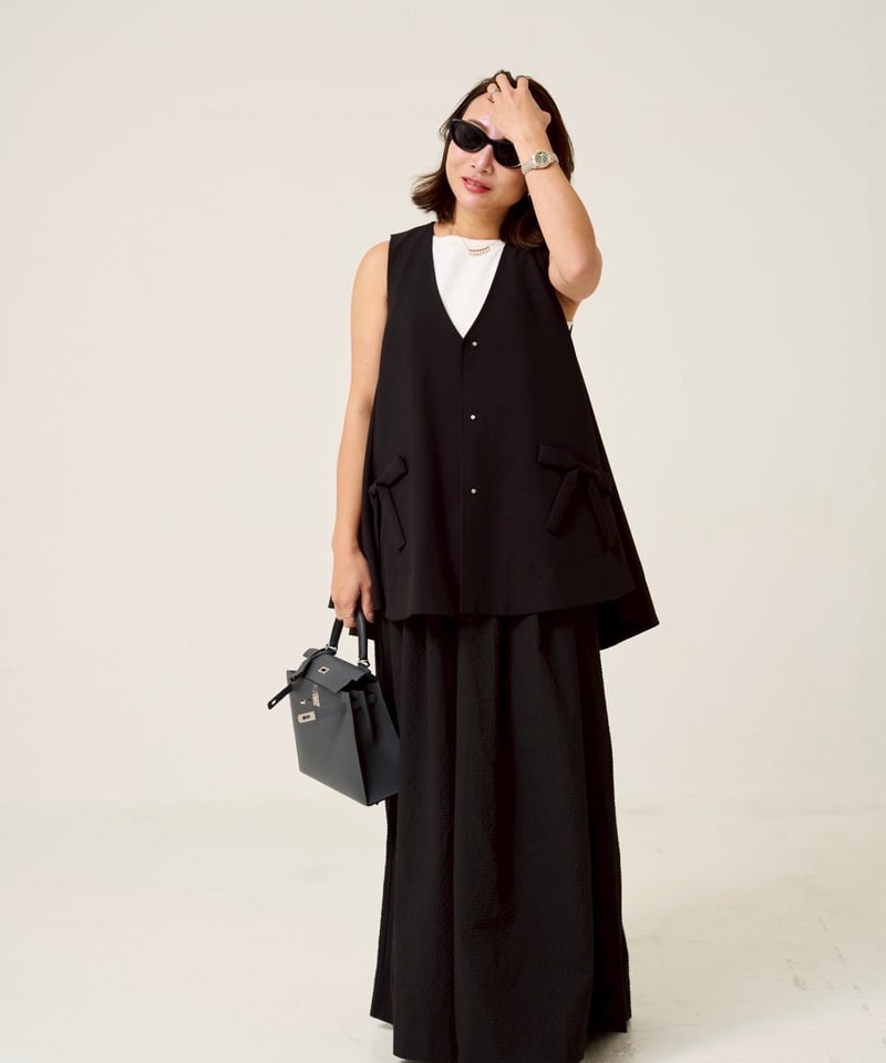 Suzan tack & gather skirt shape wide pants -Bla