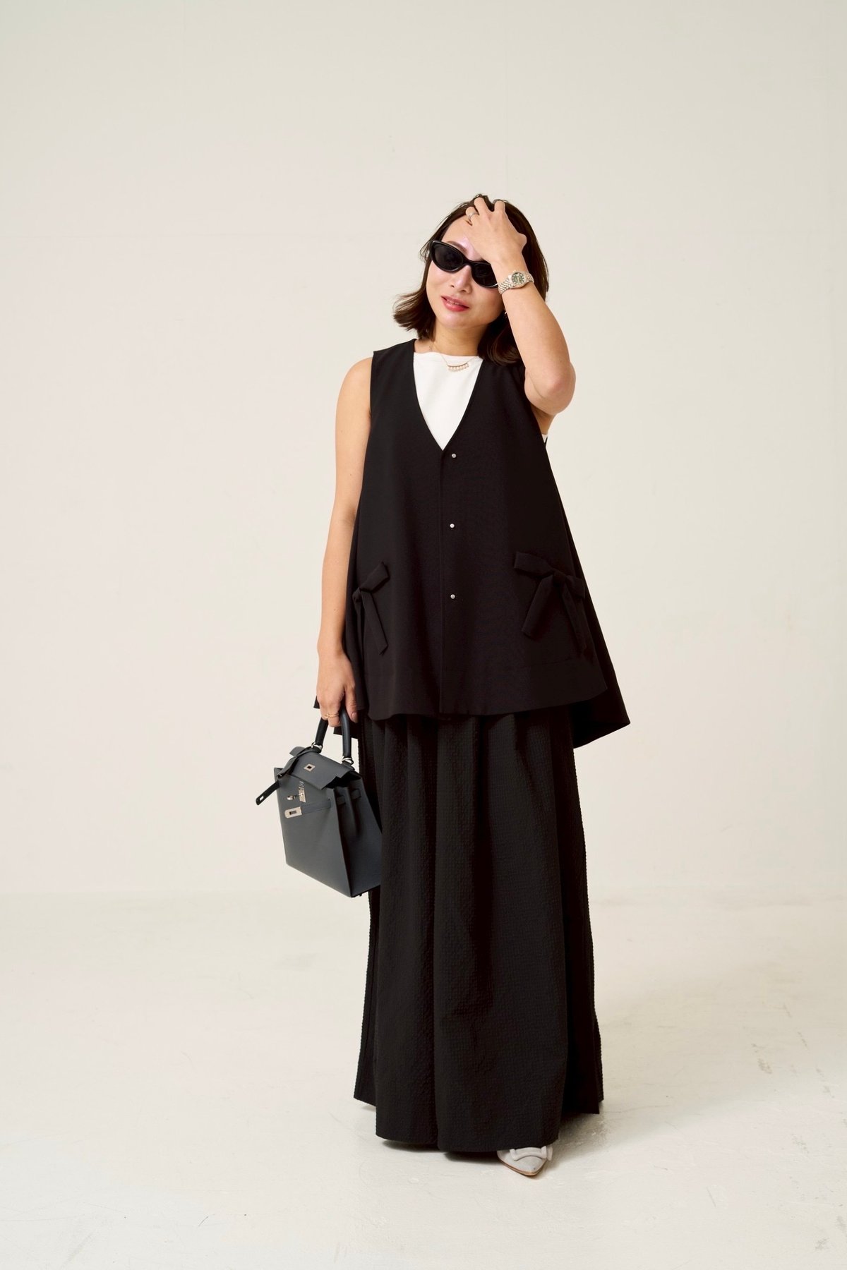 Suzan tack & gather skirt shape wide pants -Bla