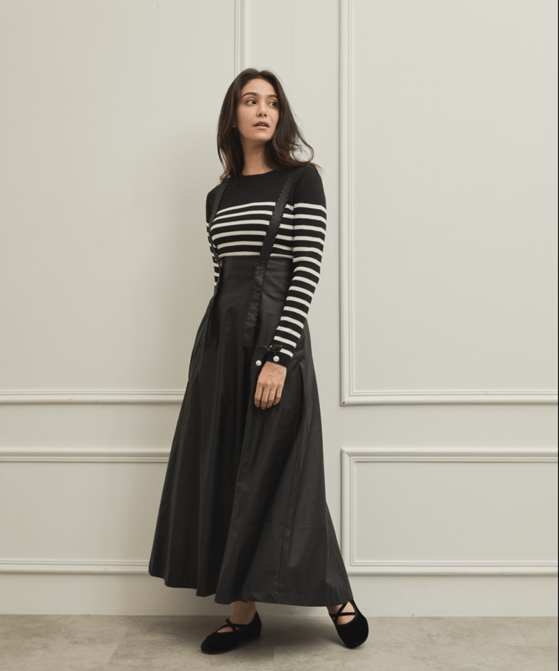 Scallop leather high waist jumper skirt LEA-bl