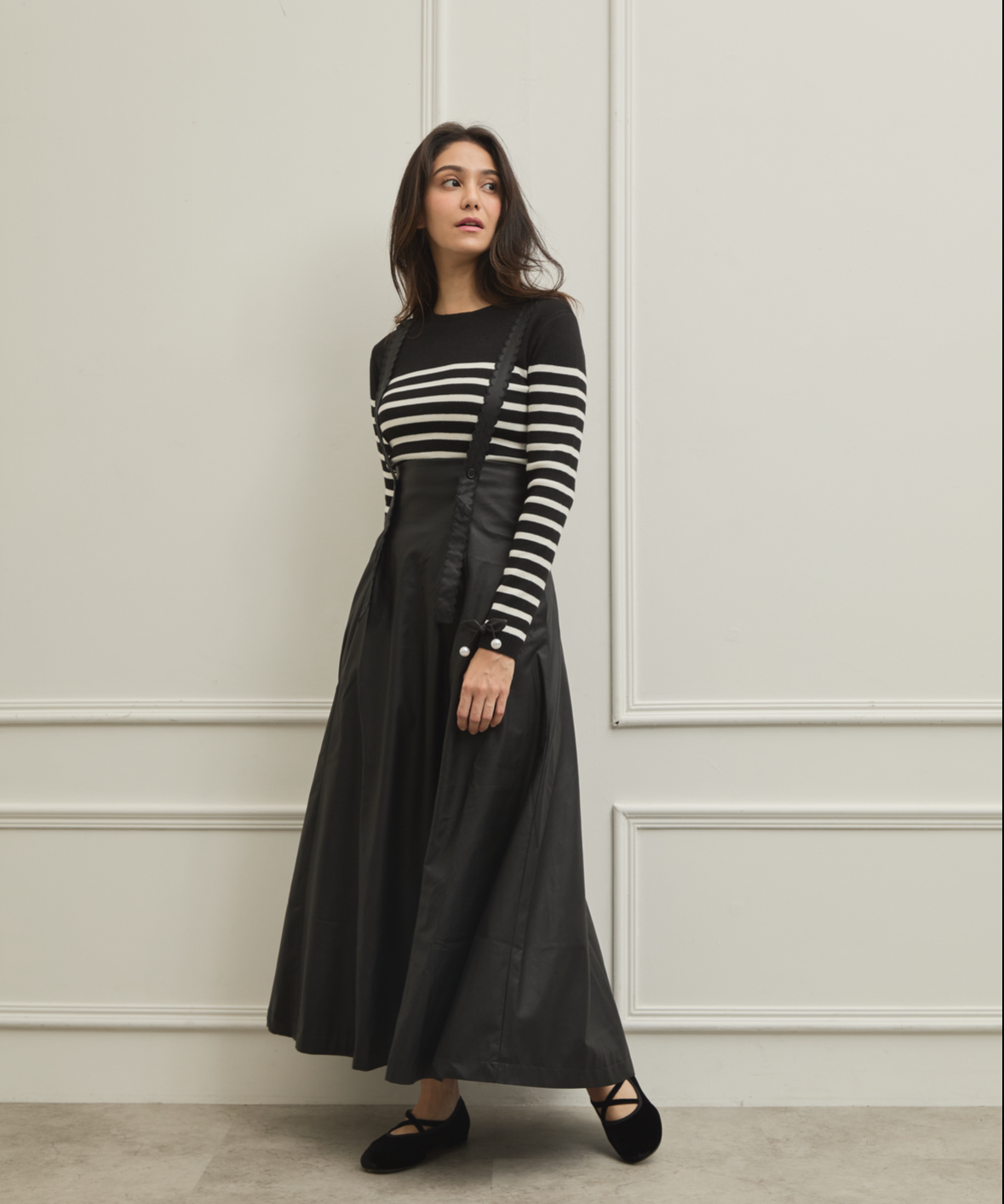 elu スカラップレザーハイウエストジャンパースカート/ブラウン/Sサイズ Scallop leather high waist jumper skirt LEA-bl