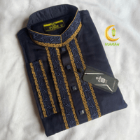 Men's Punjabi Dress, Bangladeshi Traditional Clothing, XL, Navy, Yellow, Embroidered