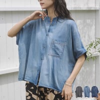 在庫限り★シアーデニム ノーカラー半袖シャツ