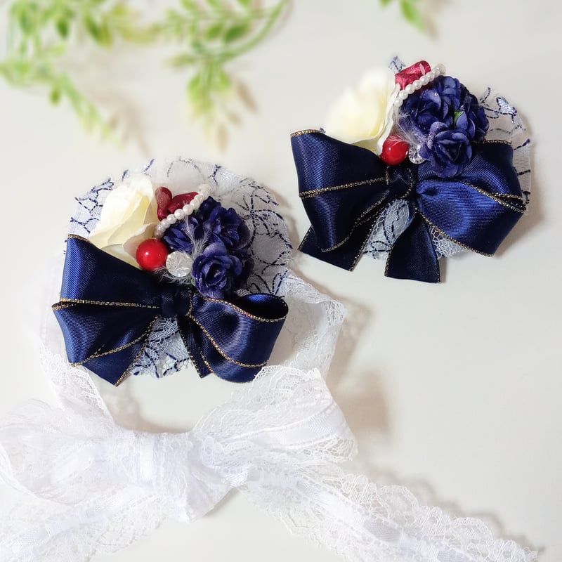 petit headdress＆corsage ゴールドエッジネイビーリボン＆ダーク