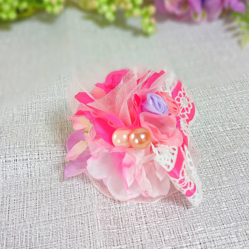 corsage ヘッドドレス用両面（リボン＆ローズ）#R07 ビビット
