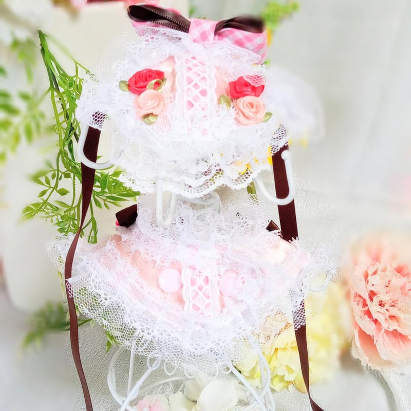 dressbib＆headdress2点セット#124 ピンクチェックリボン＆レッド