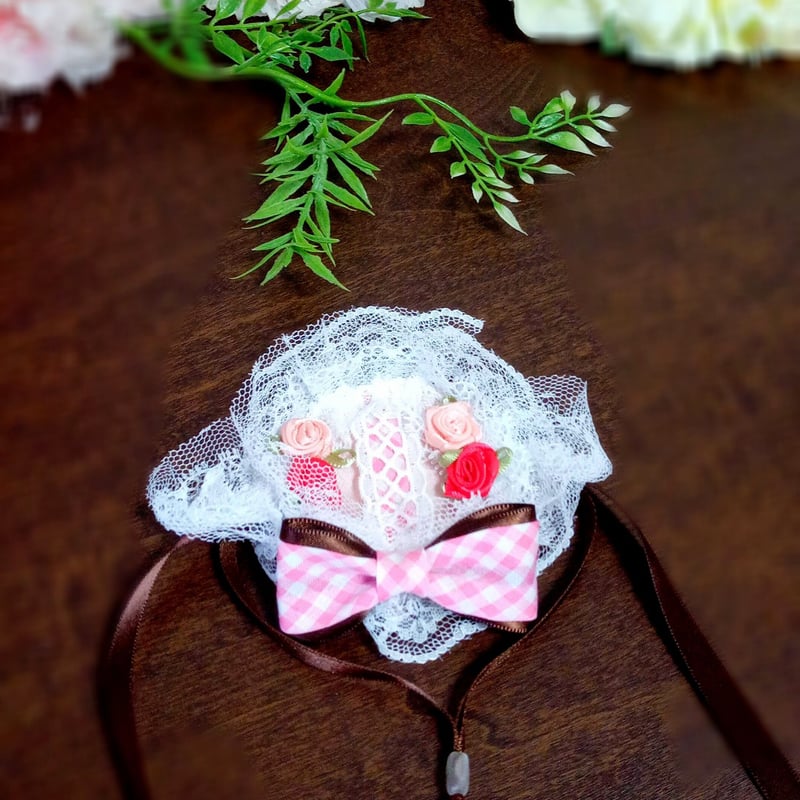 dressbib＆headdress2点セット#124 ピンクチェックリボン＆レッド