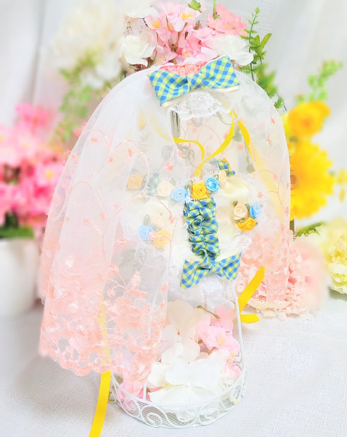 dressbib＆headdress2点セット#125 ブルー＆イエローチェックリボン