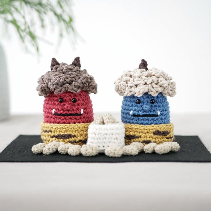 豆いっぱい♪日常に馴染む＋省スペース♡手編みの節分飾り 赤鬼&青鬼