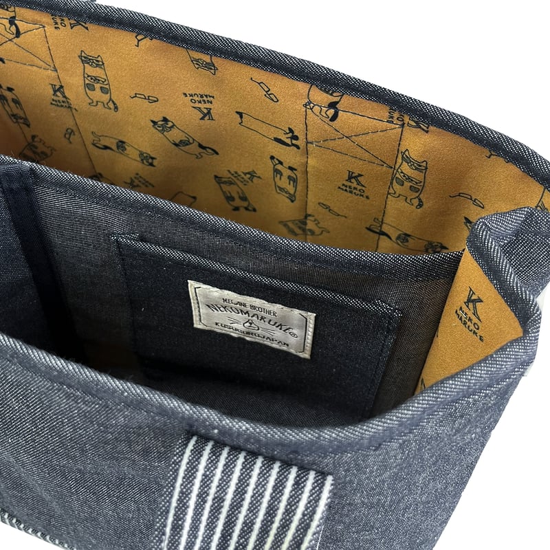 25-10019 ネコまるけ 先染めデニム調＆ヒッコリー 仕切りトートバッグS