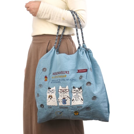 24-7153　撥水加工　刺繡ワッシャーバッグLサイズ　ネコまるけ柄