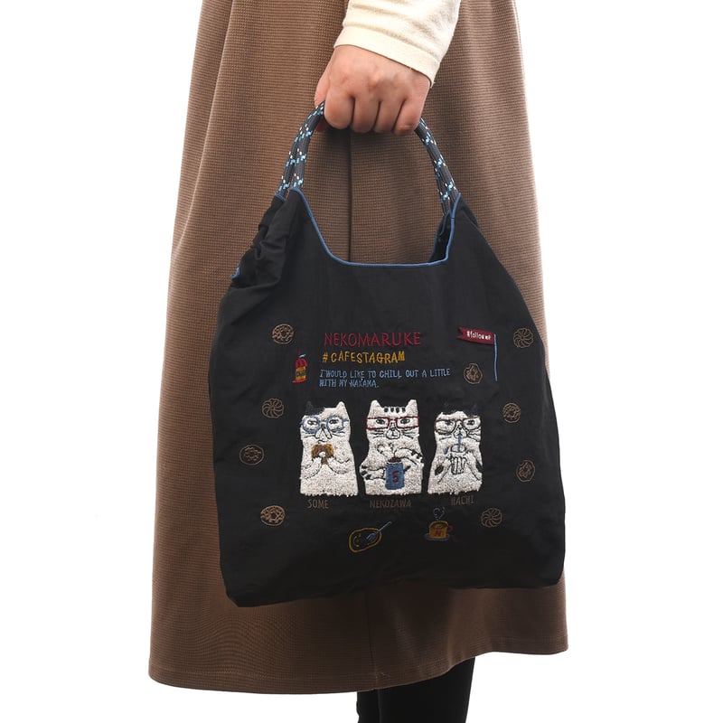 24-7149 撥水加工 刺繍ワッシャーバッグMサイズ ネコまるけ柄 24-7149 撥水加工 刺繍ワッシャーバッグMサイズ ネコまるけ柄