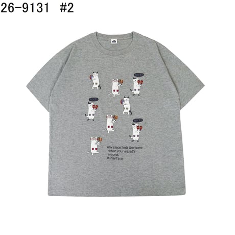 26-9131　クスグルキャラクター　アップリケ＆刺繍Tシャツ　ラフサイズ　ネコまるけ柄