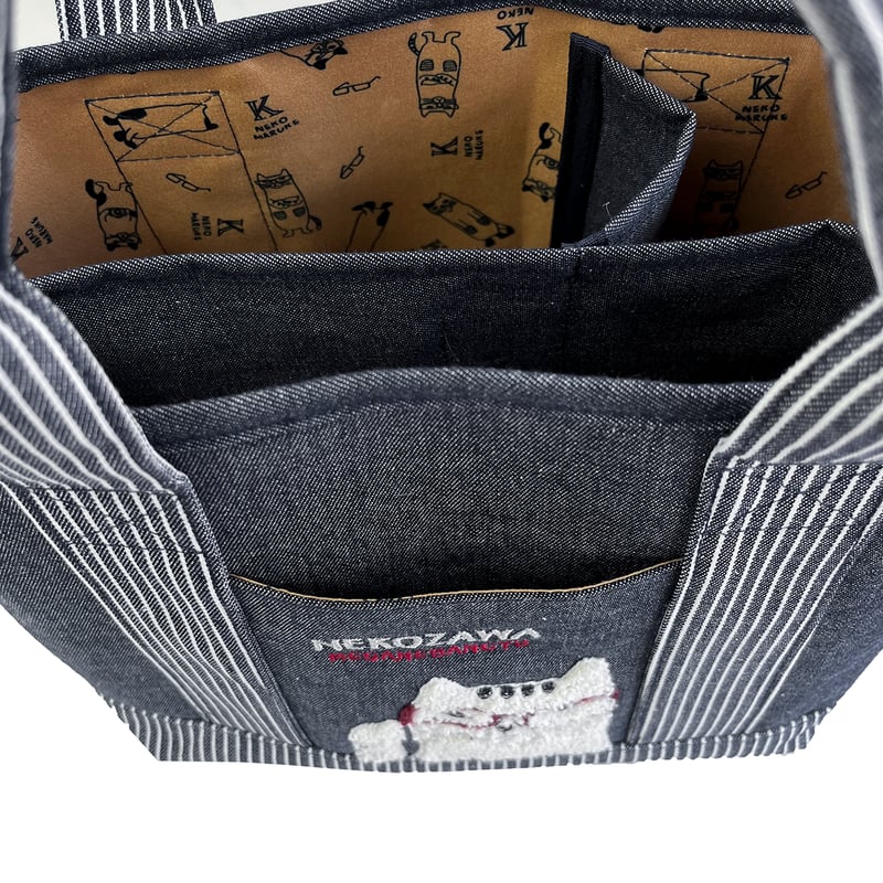 25-10019 ネコまるけ 先染めデニム調＆ヒッコリー 仕切りトートバッグS