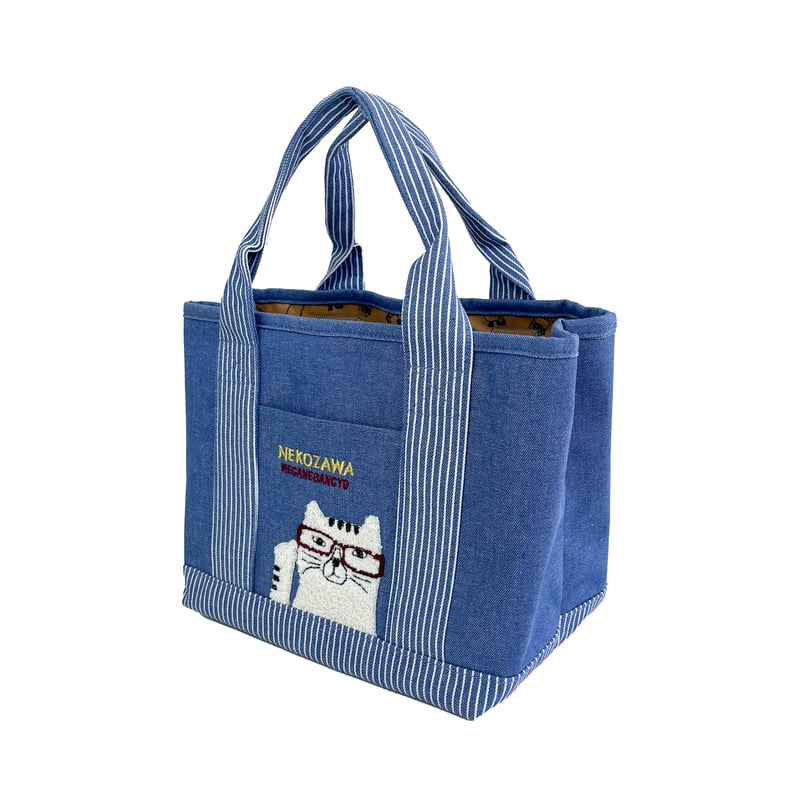 25-10019 ネコまるけ 先染めデニム調＆ヒッコリー 仕切りトートバッグS