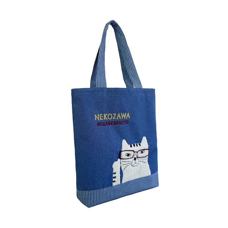 25-10021 ネコまるけ 先染めデニム調＆ヒッコリー トートバッグ