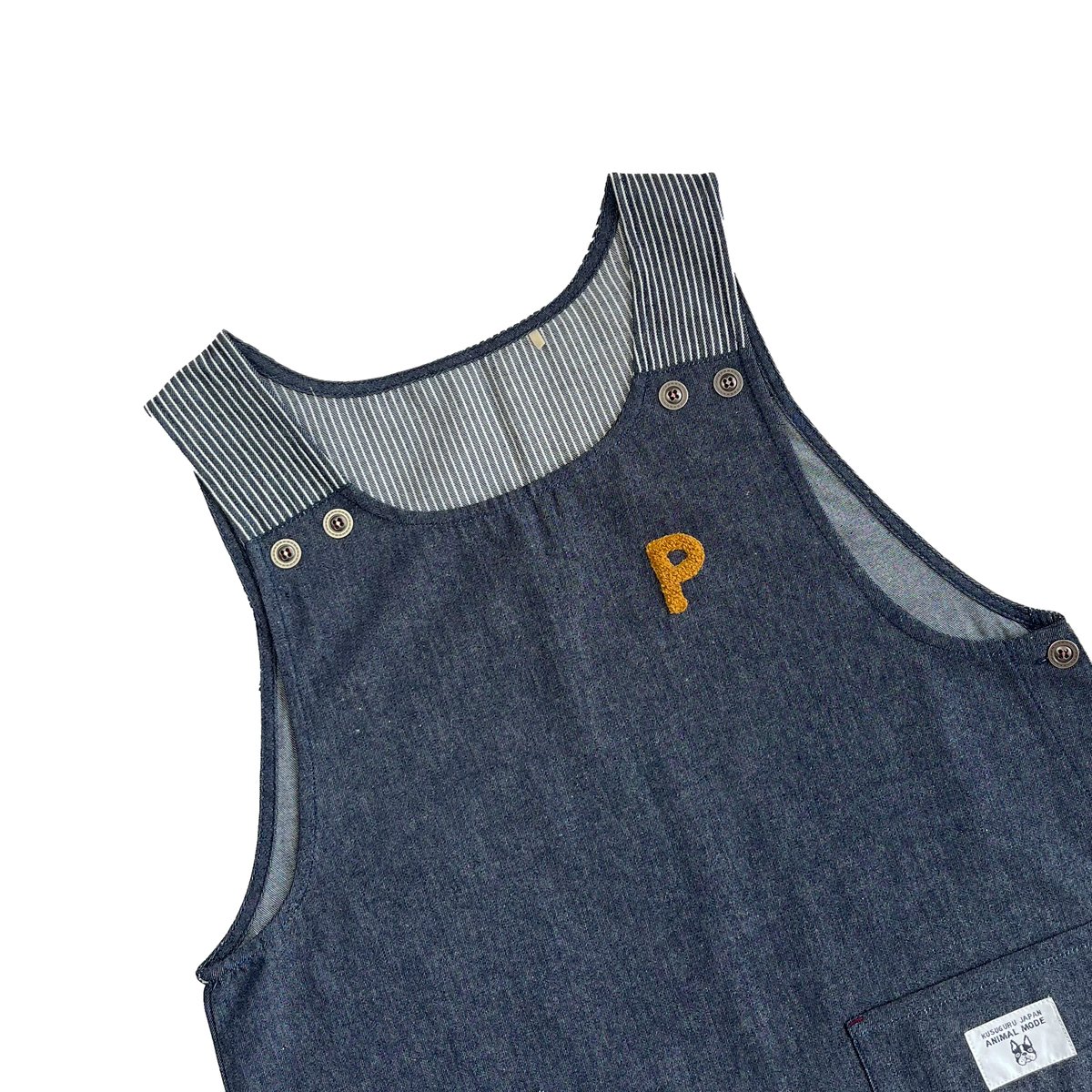 25-10022 パウロ 先染めデニム調＆ヒッコリー 脇釦あきエプロン