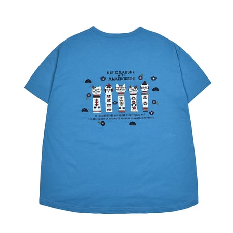 24-7132　天竺ニット　ラフサイズTシャツ　ネコまるけ　こけし柄