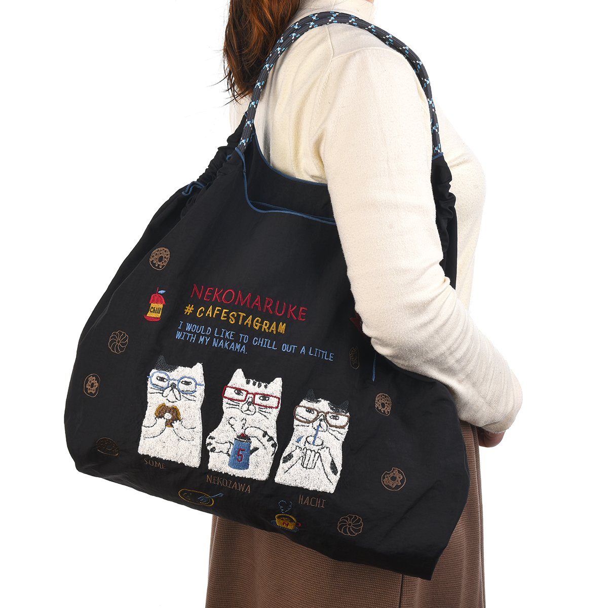 24-7153 撥水加工 刺繡ワッシャーバッグLサイズ ネコまるけ柄