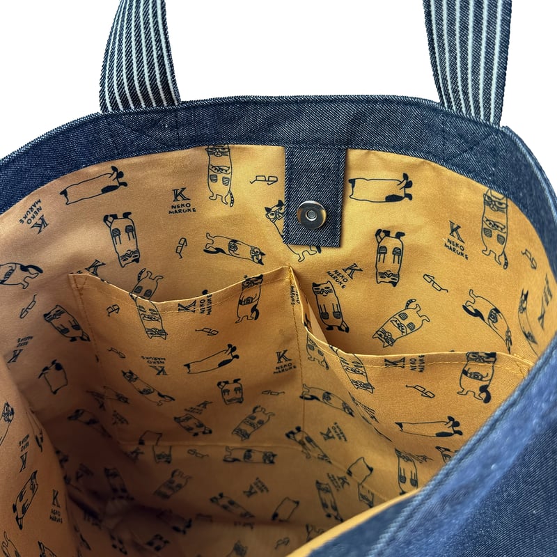 25-10021 ネコまるけ 先染めデニム調＆ヒッコリー トートバッグ