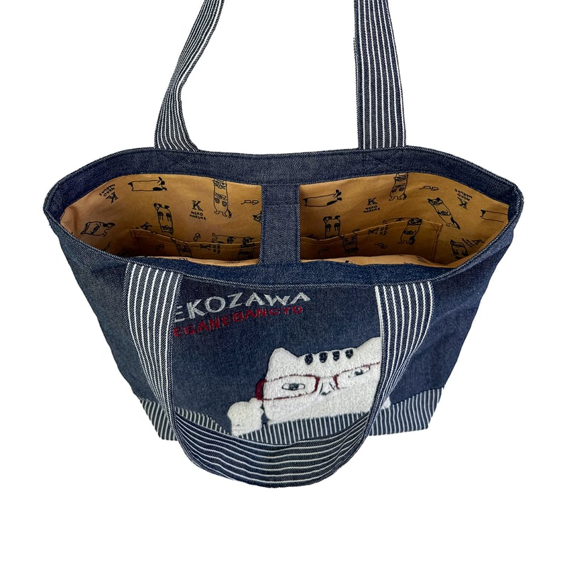 25-10021 ネコまるけ 先染めデニム調＆ヒッコリー トートバッグ