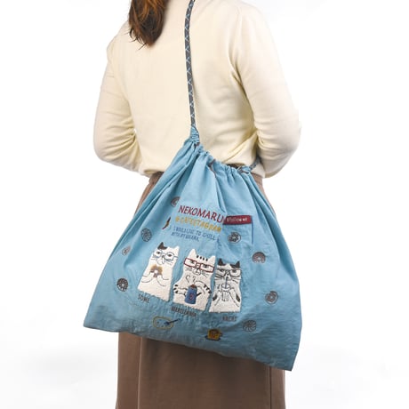24-7153　撥水加工　刺繡ワッシャーバッグLサイズ　ネコまるけ柄