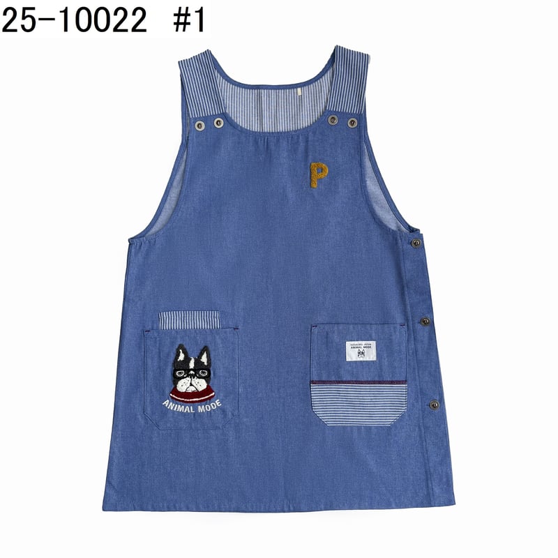 25-10022 パウロ 先染めデニム調＆ヒッコリー 脇釦あきエプロン