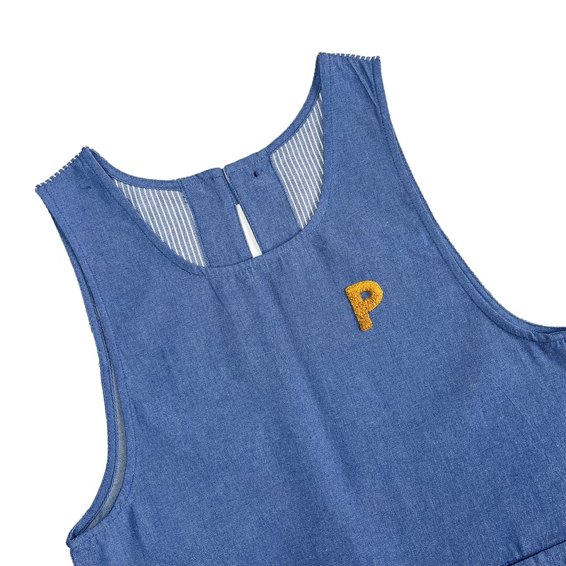 25-10023 パウロ 先染めデニム調＆ヒッコリー 釦リボンあきエプロン