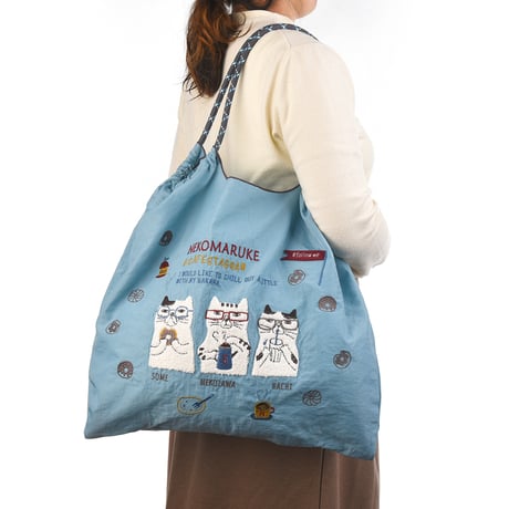 24-7153　撥水加工　刺繡ワッシャーバッグLサイズ　ネコまるけ柄