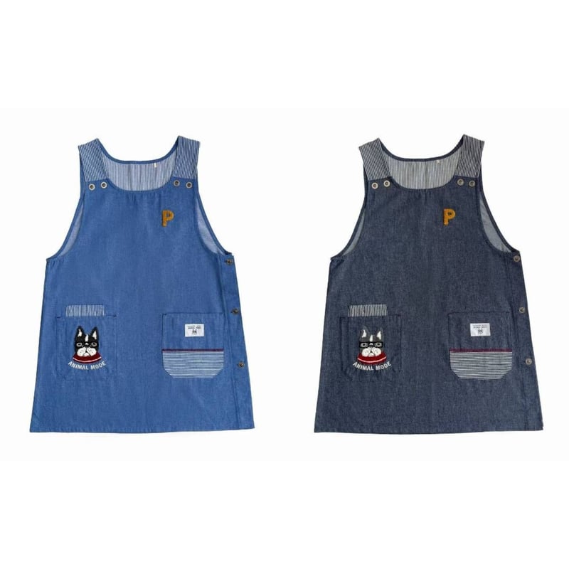 25-10022 パウロ 先染めデニム調＆ヒッコリー 脇釦あきエプロン