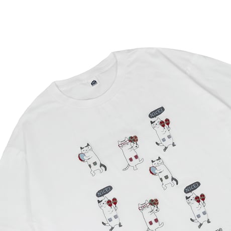 26-9131　クスグルキャラクター　アップリケ＆刺繍Tシャツ　ラフサイズ　ネコまるけ柄