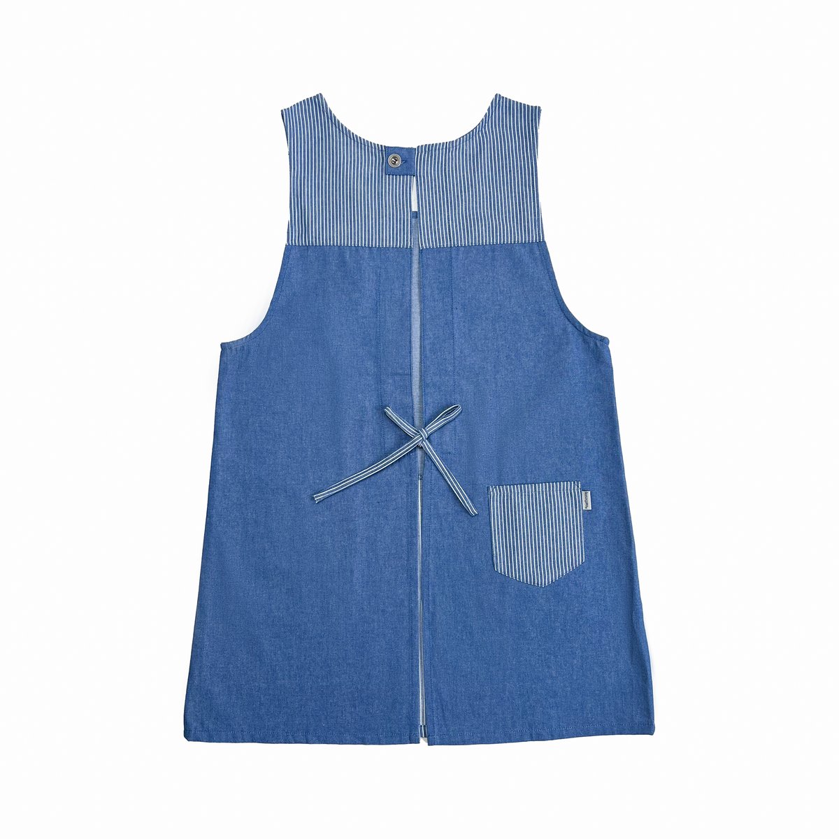 25-10023 パウロ 先染めデニム調＆ヒッコリー 釦リボンあきエプロン