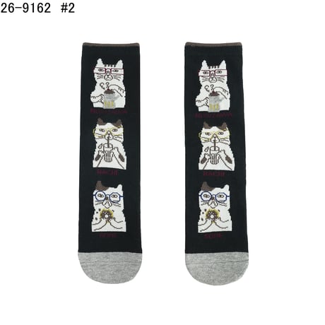 26-9162　クスグルソックス　ジャガード靴下　レギュラータイプ　ネコまるけ柄