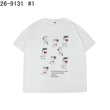 26-9131　クスグルキャラクター　アップリケ＆刺繍Tシャツ　ラフサイズ　ネコまるけ柄