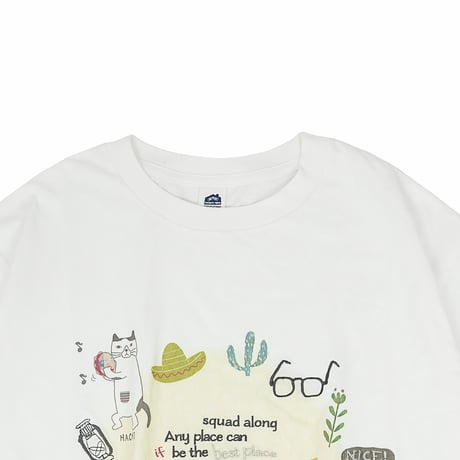 26-9128　クスグルキャラクター　接触冷感オフホワイト・Tシャツ　ネコまるけ柄