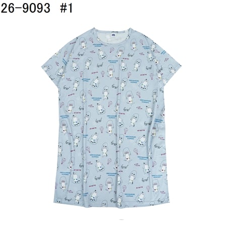 26-9093　天竺ニットのルームウェア　ルームワンピースTシャツ　ネコまるけのプリント柄