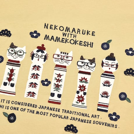 24-7132　天竺ニット　ラフサイズTシャツ　ネコまるけ　こけし柄