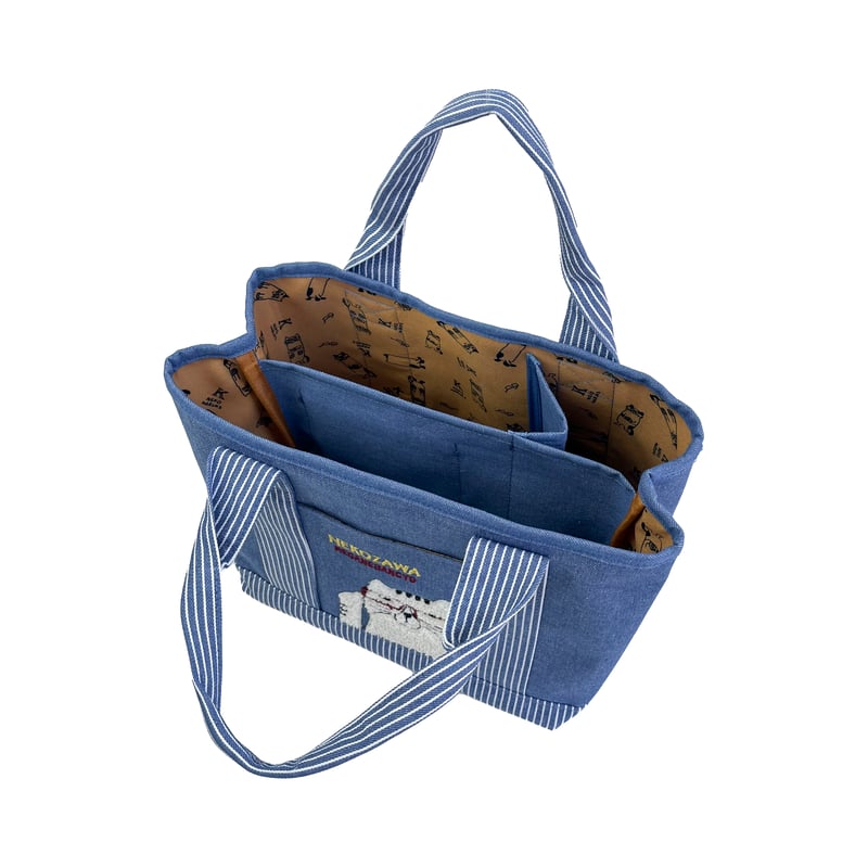 25-10019 ネコまるけ 先染めデニム調＆ヒッコリー 仕切りトートバッグS