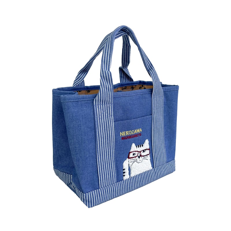 25-10019 ネコまるけ 先染めデニム調＆ヒッコリー 仕切りトートバッグS