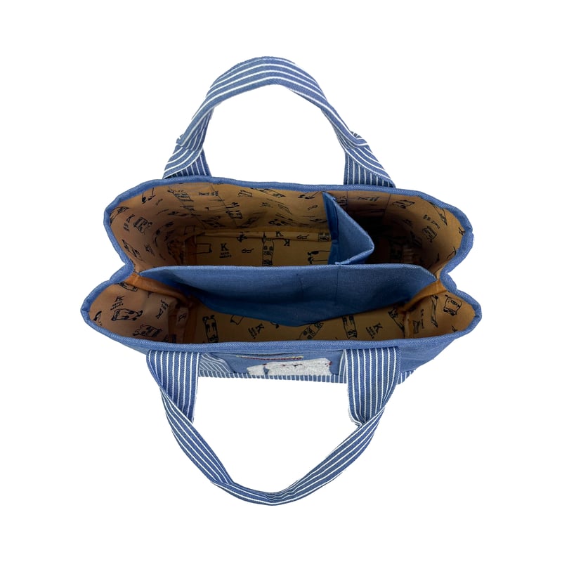 25-10019 ネコまるけ 先染めデニム調＆ヒッコリー 仕切りトートバッグS