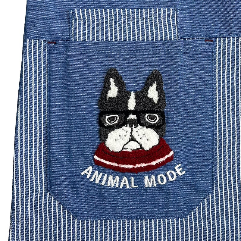 25-10023 パウロ 先染めデニム調＆ヒッコリー 釦リボンあきエプロン