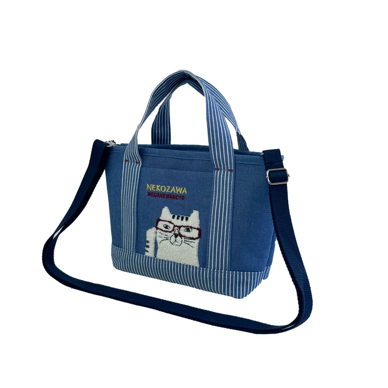 25-10018 ネコまるけ 先染めデニム調＆ヒッコリー プチミニトート