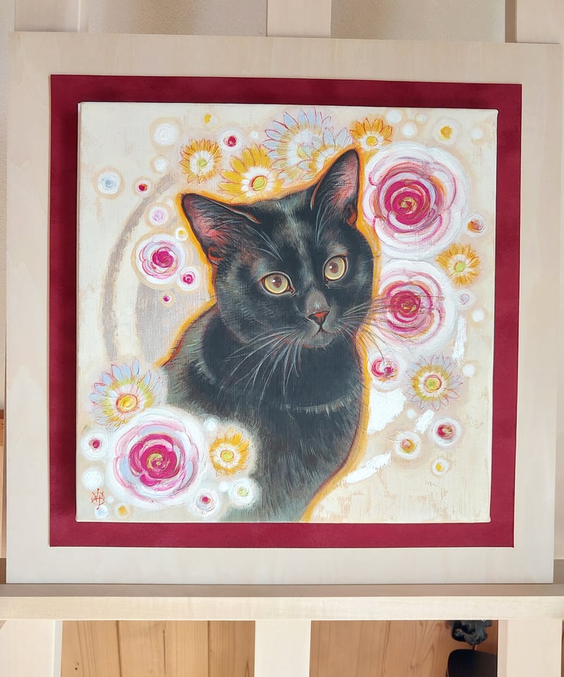 幸運の猫」蛍光猫のアクリル画 絵画 原画
