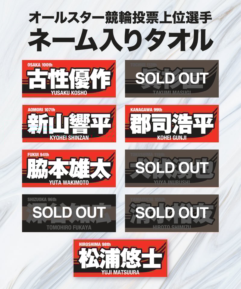 数量限定】2025オールスター競輪投票上位選手ネーム入りタオル