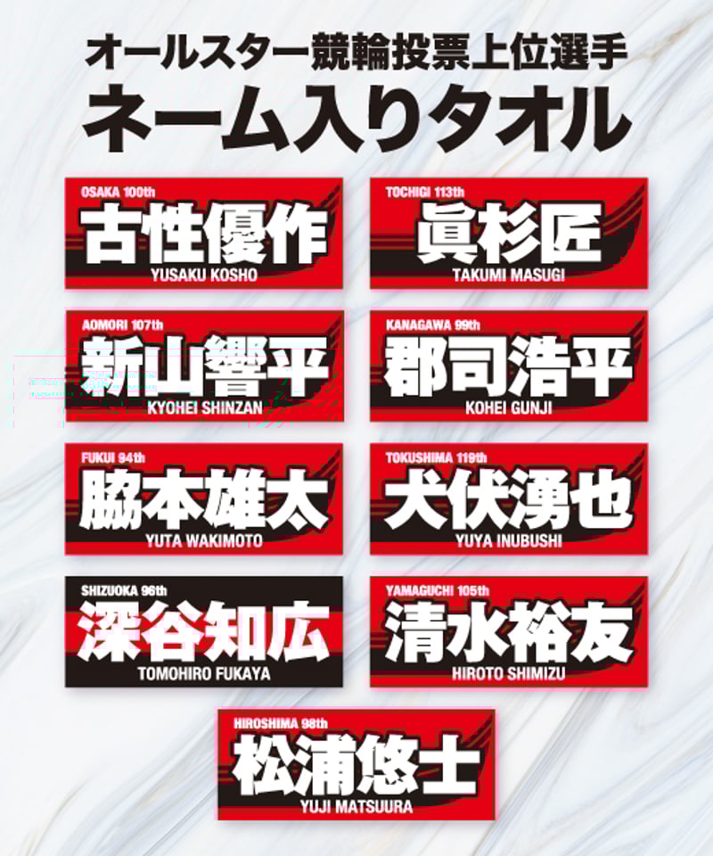 数量限定】2025オールスター競輪投票上位選手ネーム入りタオル