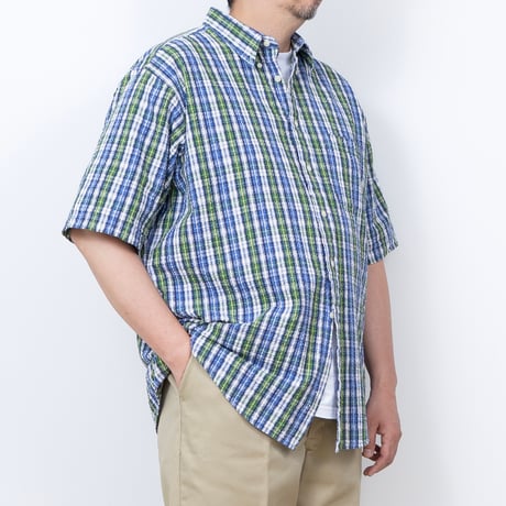 【USED】1990s CLUB ROOM : Seersucker Plaid BD S/S Shirt : XXL