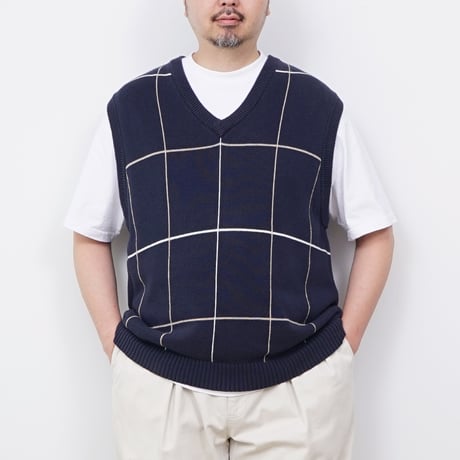 【USED】1990s TRADER BAY GOLF : Cotton Plaid V-Neck Vest : XXL